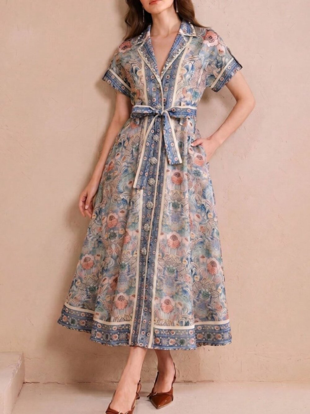Blue Baroque Floral Print Midi Shirt Dress with Jeweled Buttons